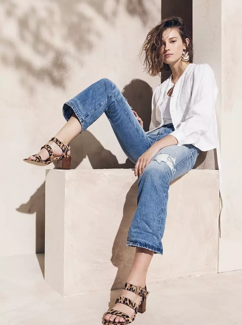 J. Crew Linen Eyelet Jacket, Women's 1993 favorite tank, Point Sur Stevie X-Rocker Jean in light destroyed wash and buckled Gladiator Sandals