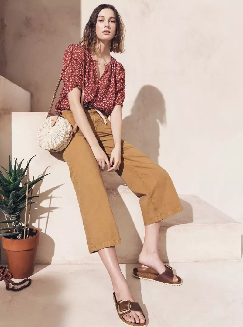 J. Crew Ruched-Sleeve Top sa Sparkle Floral, Point Sur Washed Wide-Leg Crop Pant, Circle Straw Crossbody Bag at Birkenstock Madrid Hex Sandals