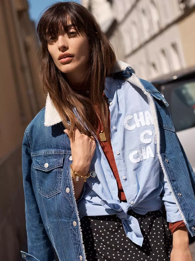 Madewell The Oversized Jean Jacket: Sherpa Edition, prevelika majica Ex-Boyfriend Cha Cha Cha in svileno krilo z naborki v barvi Star Scatter