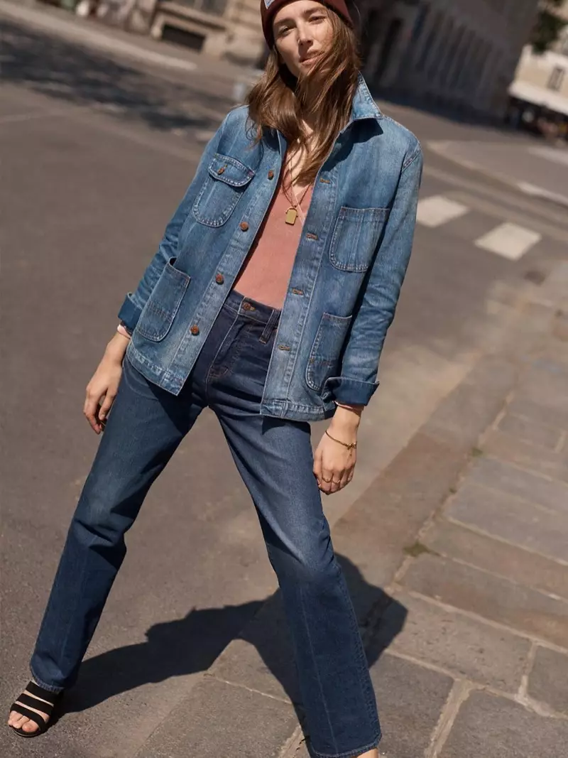 Madewell Denim Chore վերարկու, թավշյա բոդի կոստյում և լայն ոտքերով ջինսեր Dorset Wash-ում