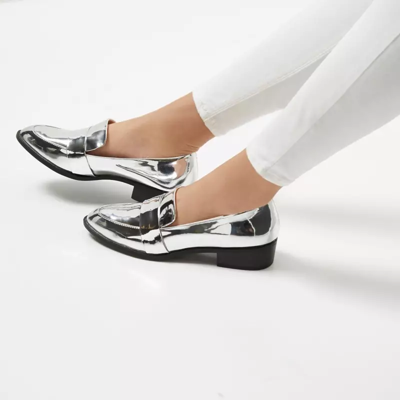 River Island Silver Patent Low Heel Loafers