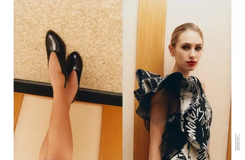 Dylan Penn ពាក់កែងជើង Lanvin (ឆ្វេង) និងរ៉ូប Lanvin ជាមួយដៃអាវ ruffles (ស្តាំ)