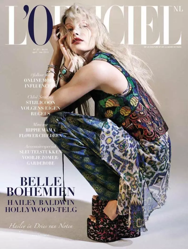 Xeyli Bolduin L'Officiel Netherlands jurnalining 2015-yil aprel/may oylaridagi muqovasida Dries Van Noten kiygan.