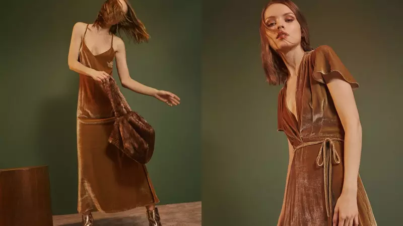 Reformation Chemise Dress in Chestnut and Gemma Dress in Gold