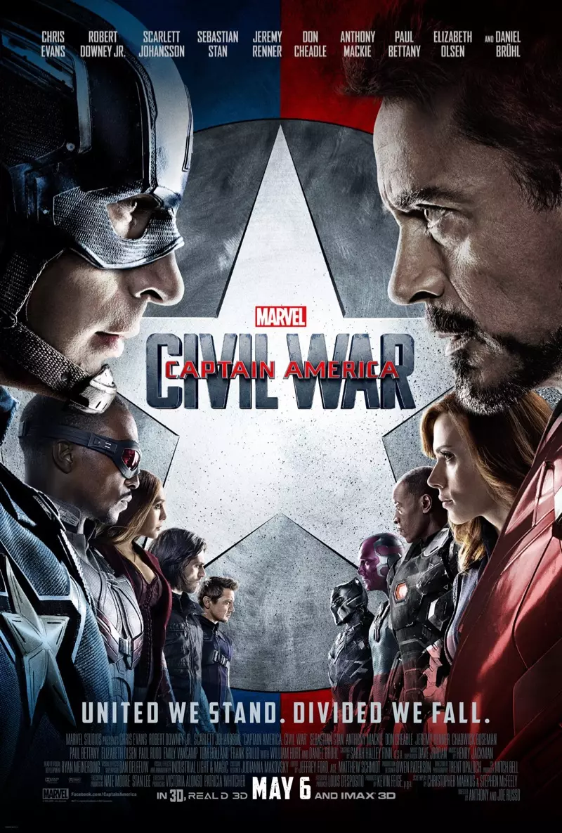 Rollbesättningen av Captain America Civil War på filmaffisch