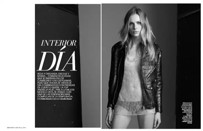 Andreja Pejic modeleaza geaca de piele si rochie slip de la Saint Laurent by Hedi Slimane