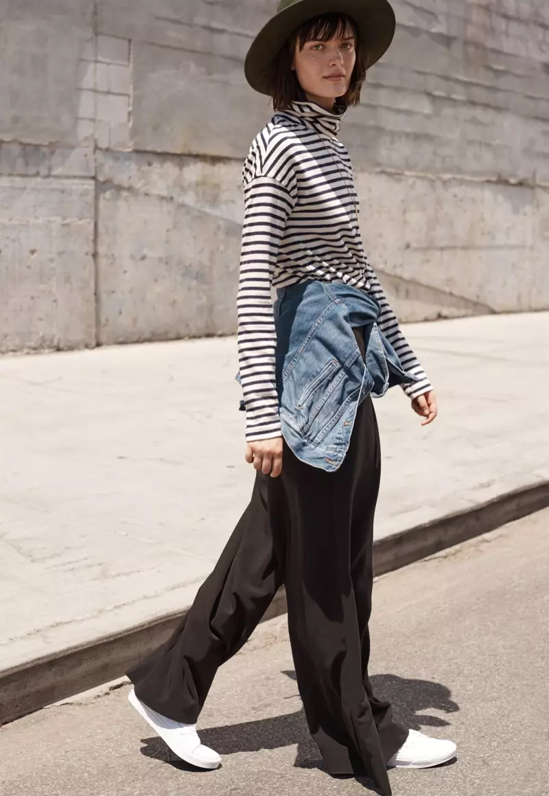 I-Brixton Dallas Hat, Rivet & Thread LA Crop Turtleneck in Stripe, Madewell Jean Jacket in Pinter Wash, Caldwell Pull-On Trousers and Vans sk8-hi Slim High Top Sneakers kuCanvas