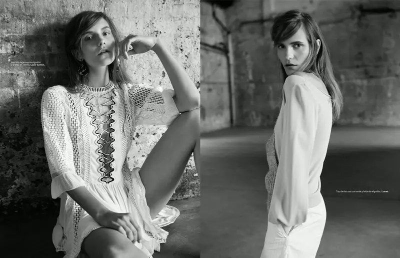 (L) Dorothea posa com vestido branco Louis Vuitton (R) Dorothea usa top e calça da Loewe