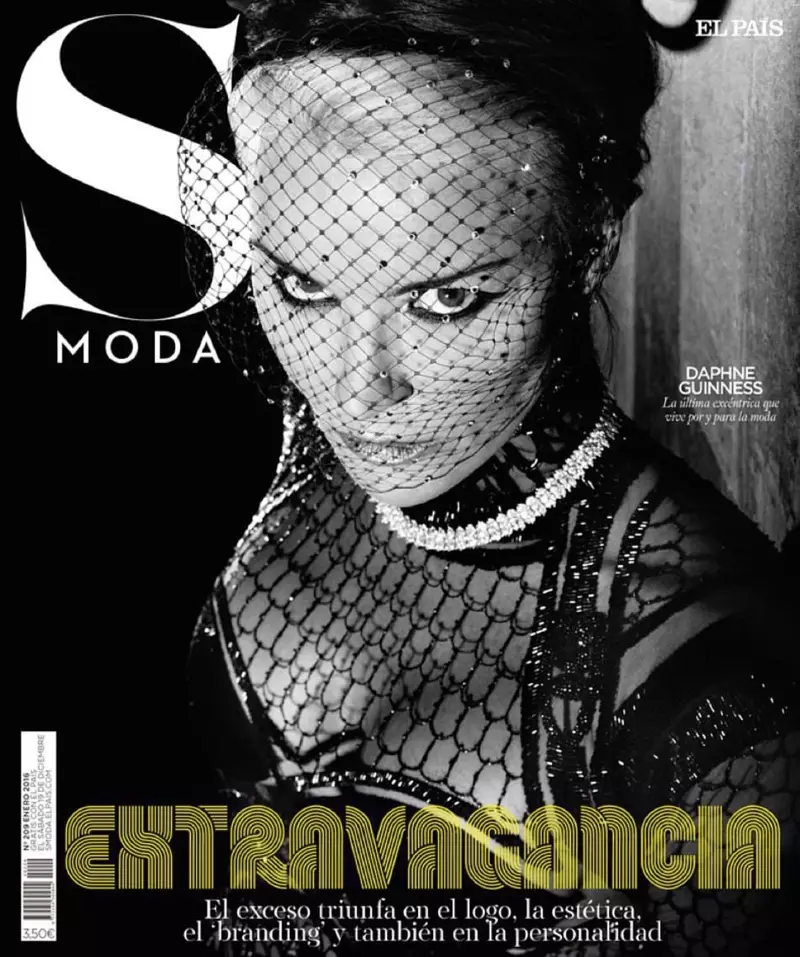 Daphne Guinness ar glawr S Moda Ionawr 2016 wedi'i dynnu gan Markus&Koala