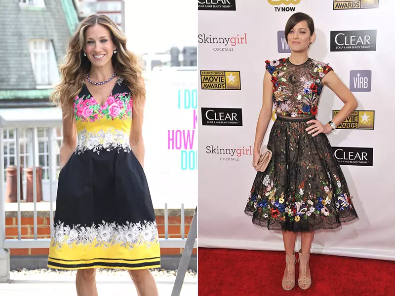 Sarah Jessica Parker dan Marion Cotillard memberikan pandangan berbeda tentang motif bunga. Foto: Shutterstock.com