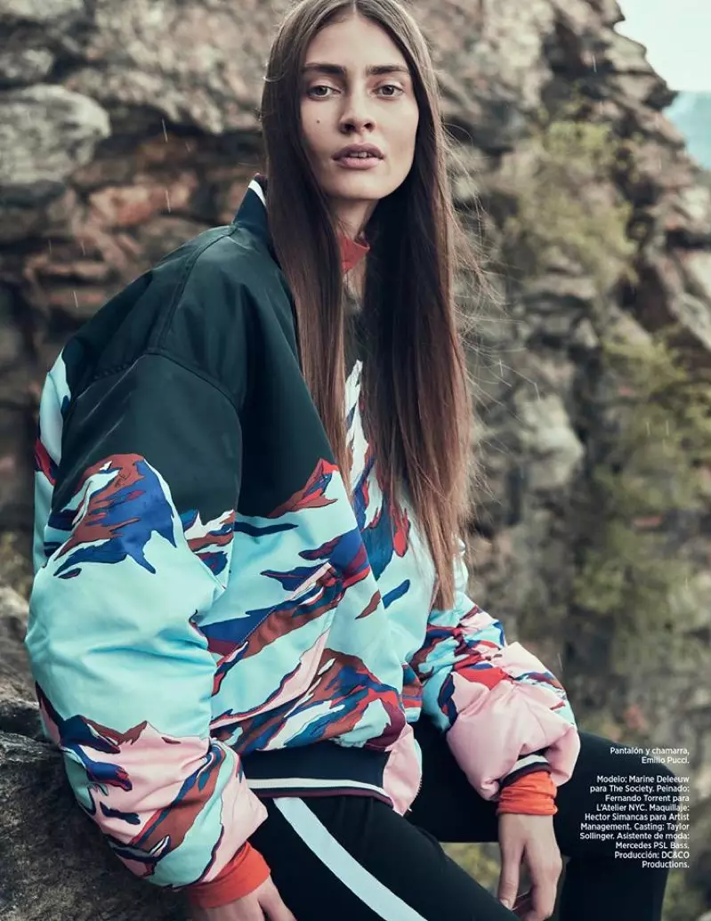 Marine Deleeuw nganggo jaket lan celana bomber Emilio Pucci