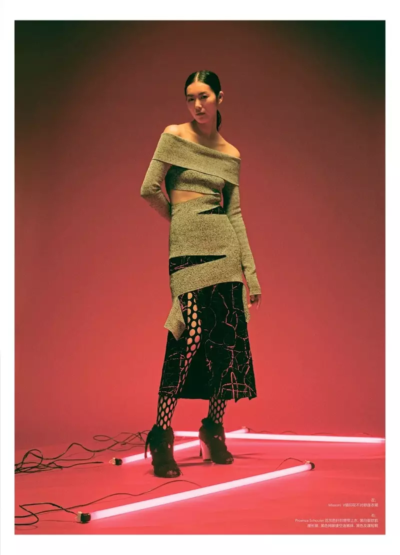 Liu Wen โพสท่าในชุดถักและกระโปรง Proenza Schouler