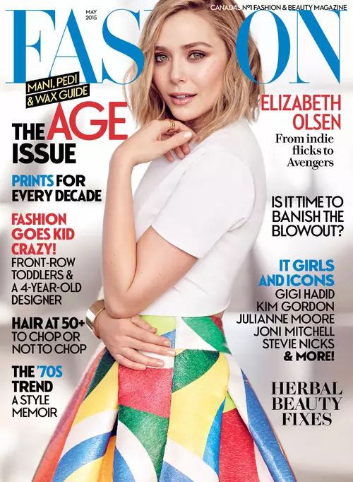 Elizabeth Olsen이 FASHION Magazine의 2015년 5월 표지를 장식하고 있습니다.