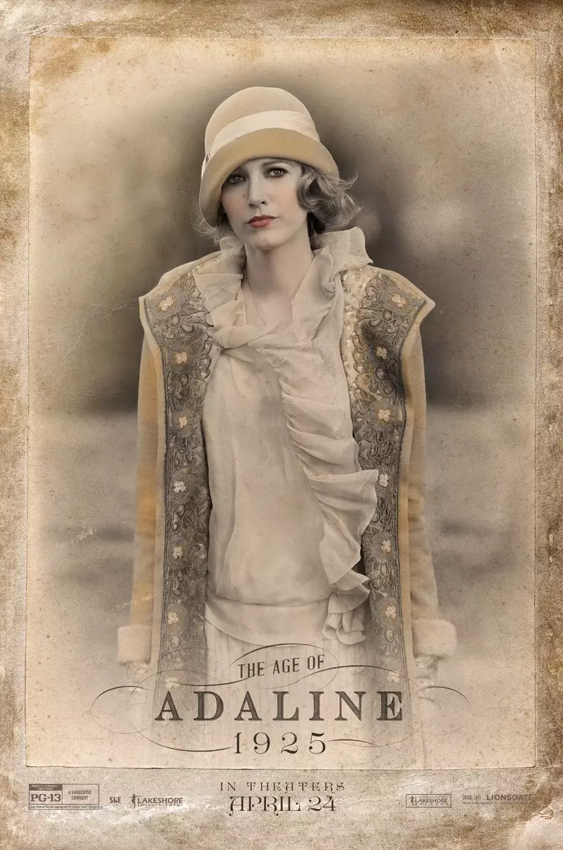 ब्लेक लाइवली चैनल 1920 के दशक की शैली में 'द एज ऑफ एडलाइन' फिल्म के पोस्टर पर। (2015)
