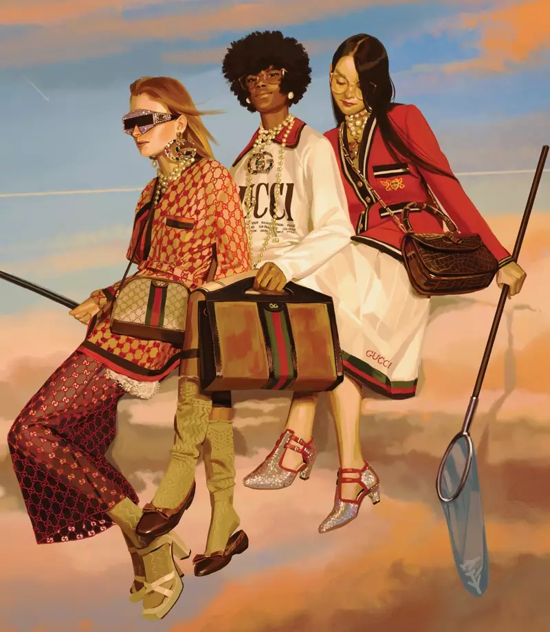 „Gucci“ demonstruoja įnoringas scenas 2018 m. pavasario kampanijai „Utopinė fantastika“.