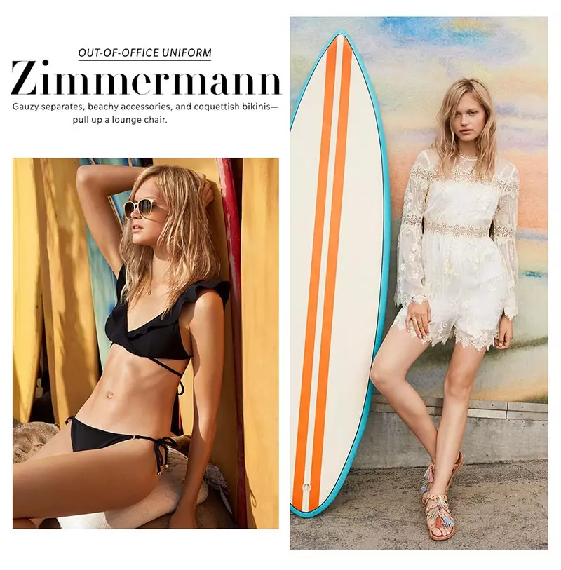 (Venstre) Zimmermann Caravan Frill Wrap Bikini, Garrett Leight Kinney Metal Solbriller og Bianca Monros Gomez Keepsake Medaljon Halskjede (Høyre) Zimmermann Tropicale Antique Romper and Link Tassel Flat Sandaler