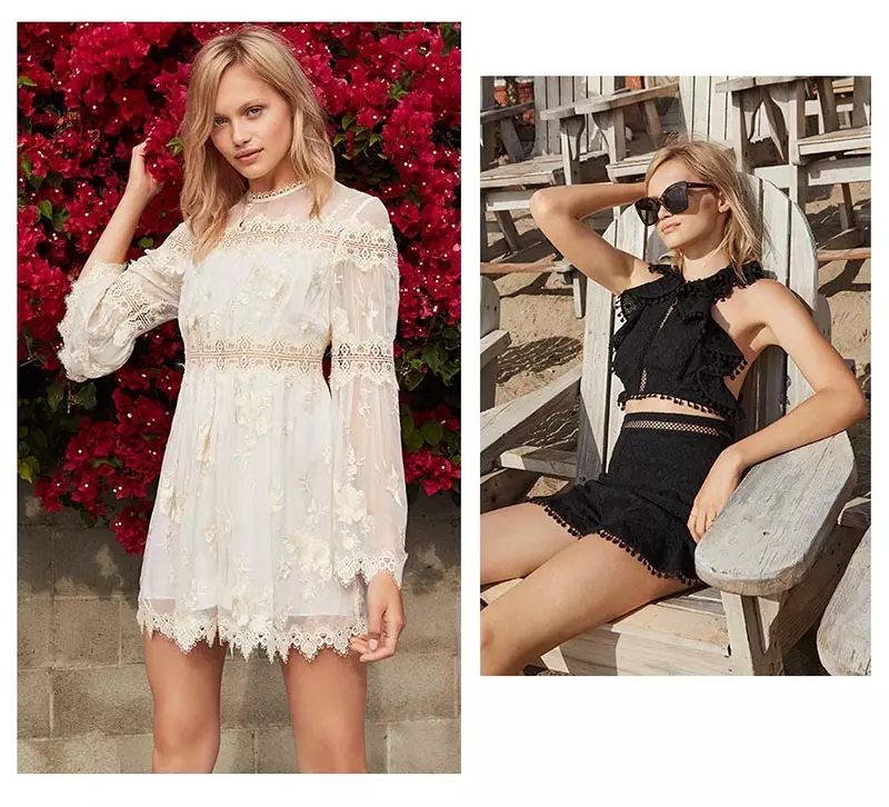 (Сол жақта) Zimmermann Tropicale Antique Romper және Bianca Monros Gomez естелік локет алқа (оң жақта) Zimmermann Caravan Flutter Bodice & Caravan Flutter шорттары; Le Specs Саванна күннен қорғайтын көзілдірік