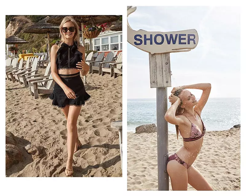 (Kairėje) Zimmermann Caravan Flutter Bodice, Caravan Flutter šortai & Link Tie plokščios basutės su Le Specs Savanna Akiniai nuo saulės (dešinėje) Zimmermann Tropicale Triangle Liemenėlė & Tropicale Skinny Bikini Bottoms; Bianca Monros Gomez atminimo medalionas karoliai