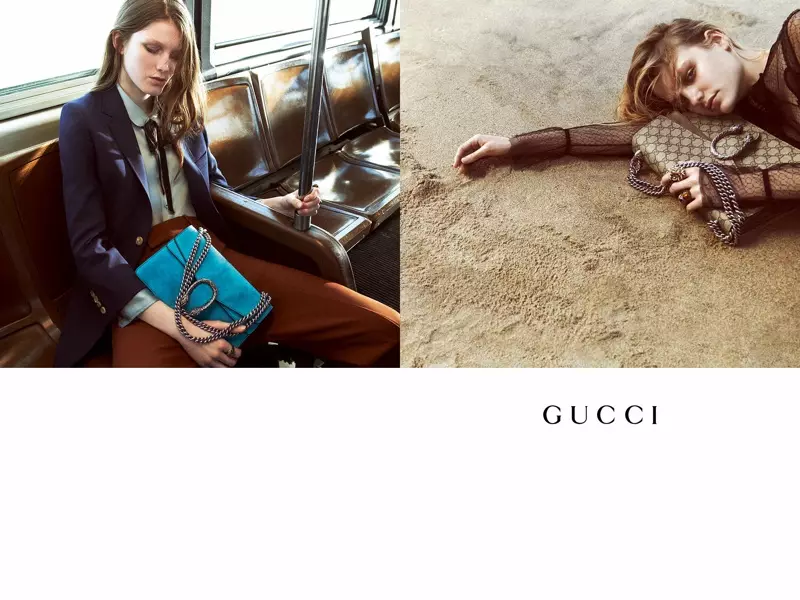 მოდელი ქვიშაზე პოზირებს Gucci-ს 2015 წლის შემოდგომის კამპანიისთვის