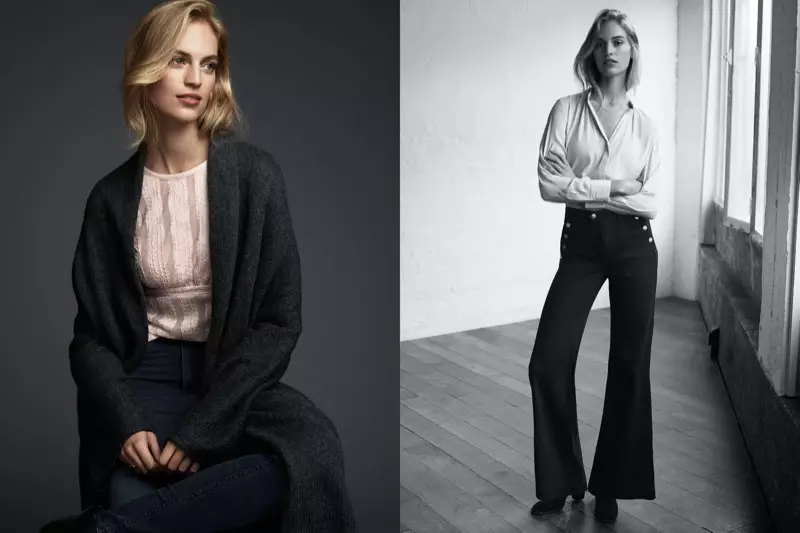 (Trái) Áo cardigan dài H&M, Áo ren H&M, Quần ôm sát với eo cao của H&M (Phải) Đầm cổ chữ V H&M, Quần jean ống loe H&M, Bốt cổ chân da lộn H&M