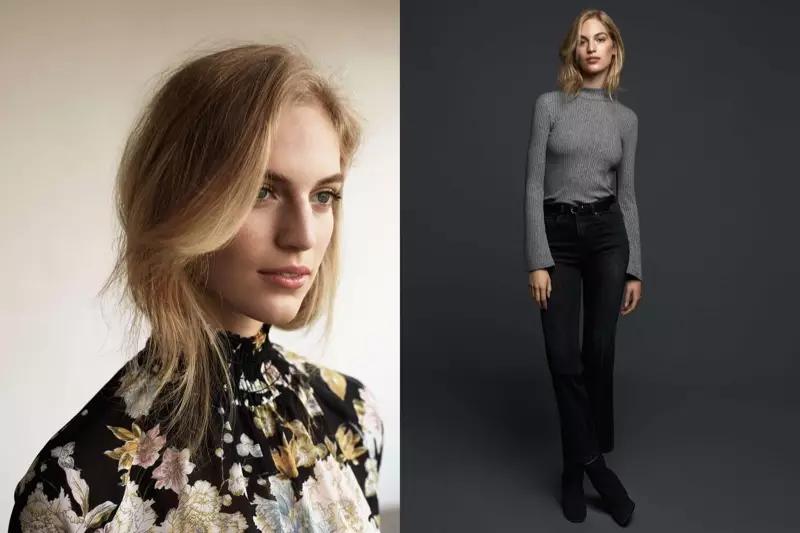 (Lénks) Blummen Chiffon Blouse (riets) Ribbed Turtleneck Top, Cropped Flare High Jeans