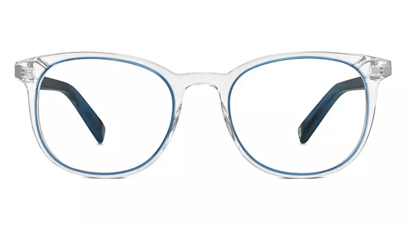 Brýle Warby Parker Durand v provedení Crystal a Blue Jay 145 $