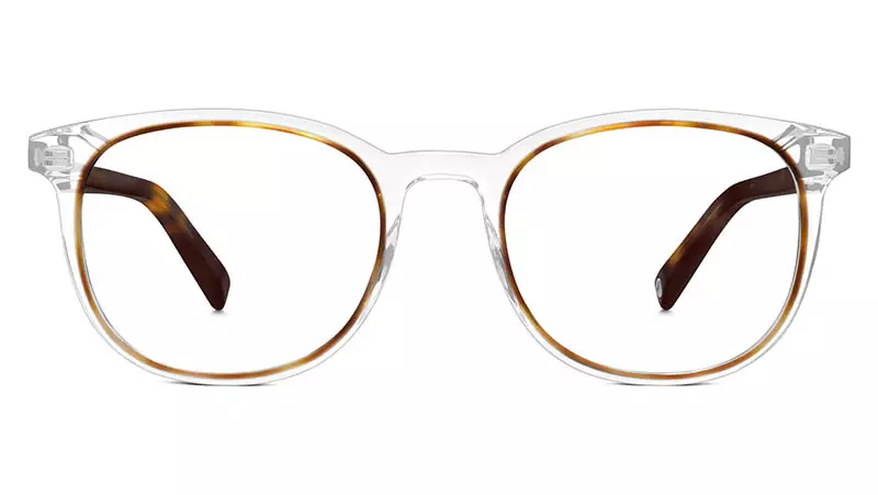 Warby Parker Durand Nuċċali fi Crystal u Oak Barrel $145