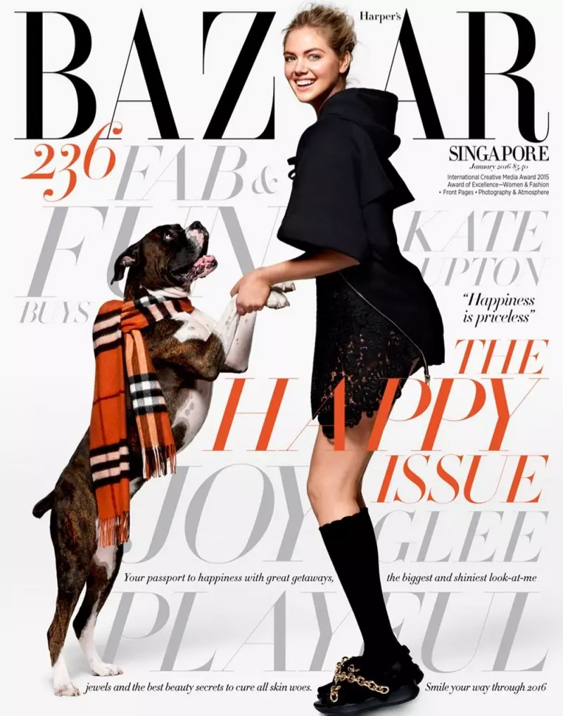 Kate Upton ar chlúdach Harper's Bazaar Singeapór Eanáir 2016