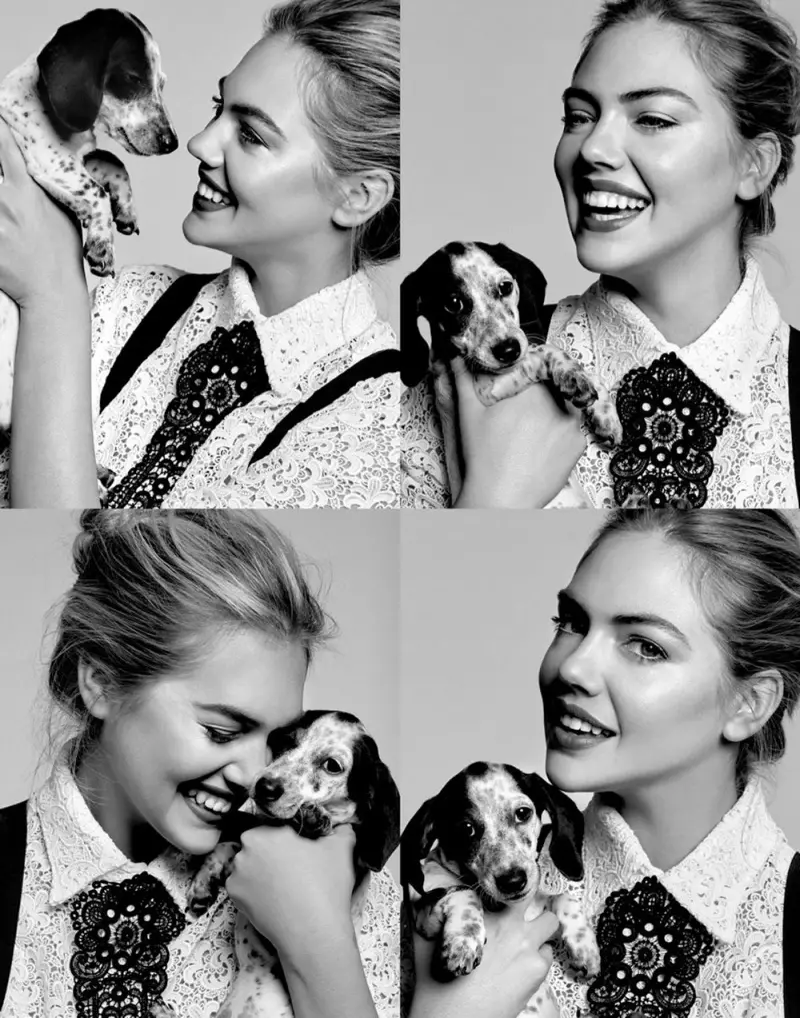 PUPPY LOVE: Kate Upton gaduh momen lucu sareng anak anjing anu pikaresepeun dina némbak.