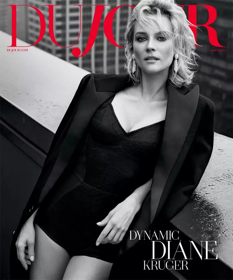 Skuespilleren Diane Kruger poserer i Celine-jakke og Dolce & Gabbana-bodysuit til DuJour Winter 2017-cover