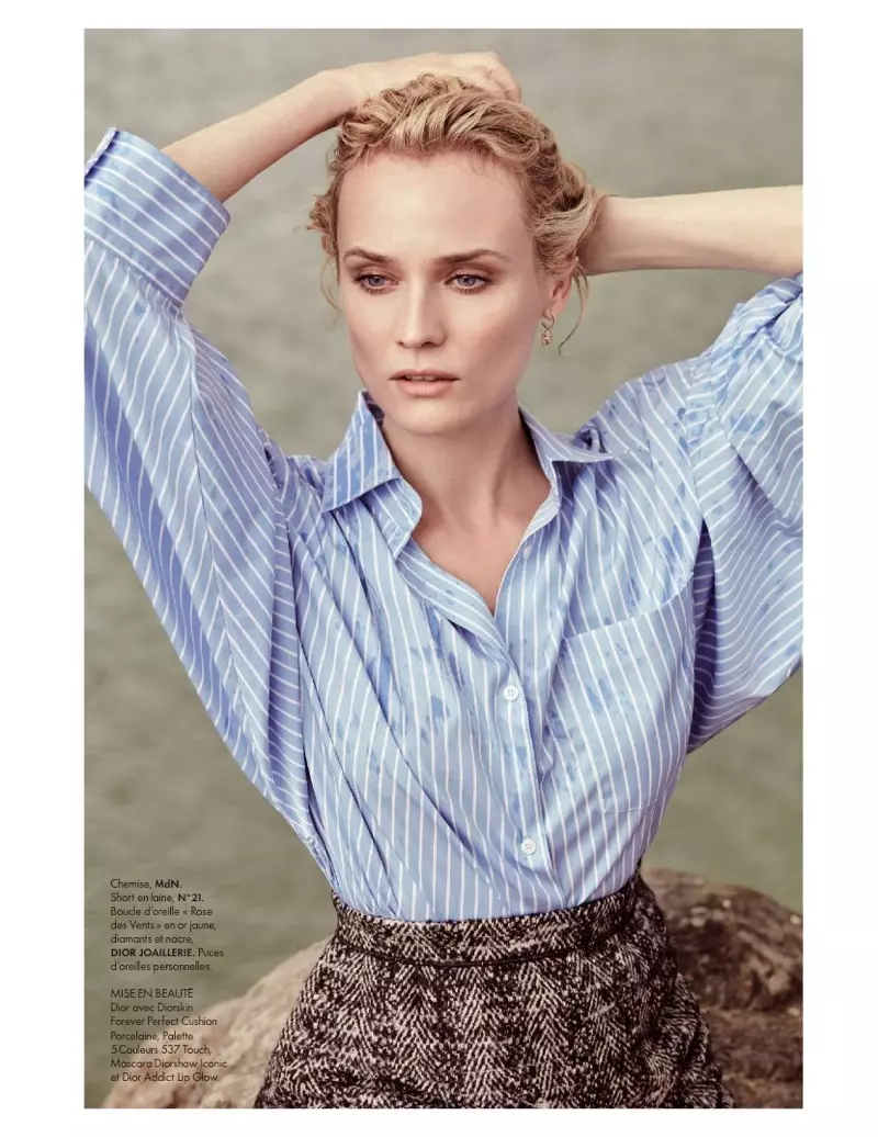 Mae'r actores Diane Kruger yn gwisgo crys MdN a siorts N 21 gyda gemwaith Dior