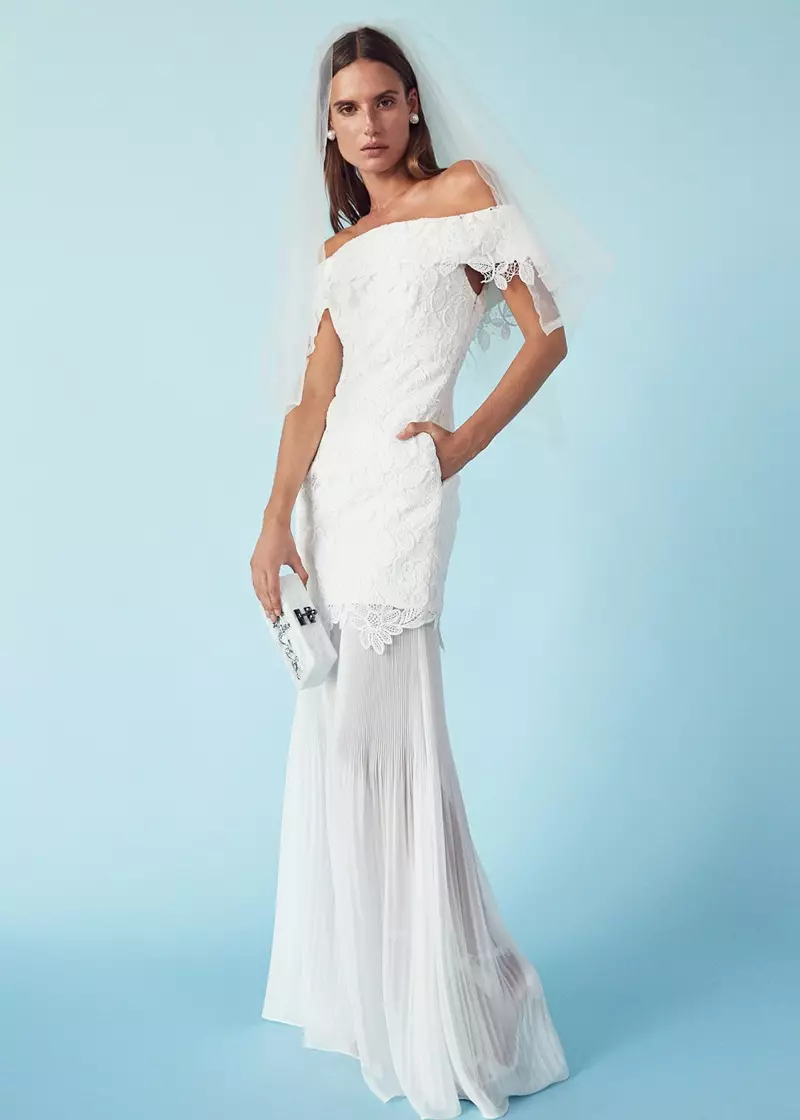 Self-Portrait Off Shoulder Bridal Dress, Alexandre Birman Clarita Heels, Edie Parker Mrs. Clutch dan Balenciaga Giant Pearl Earring