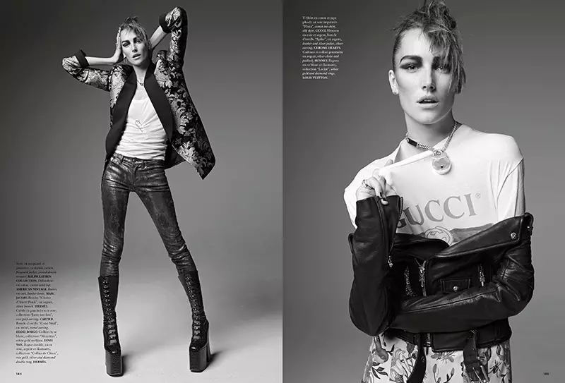 A modelo posa em modas inspiradas no punk para o editorial