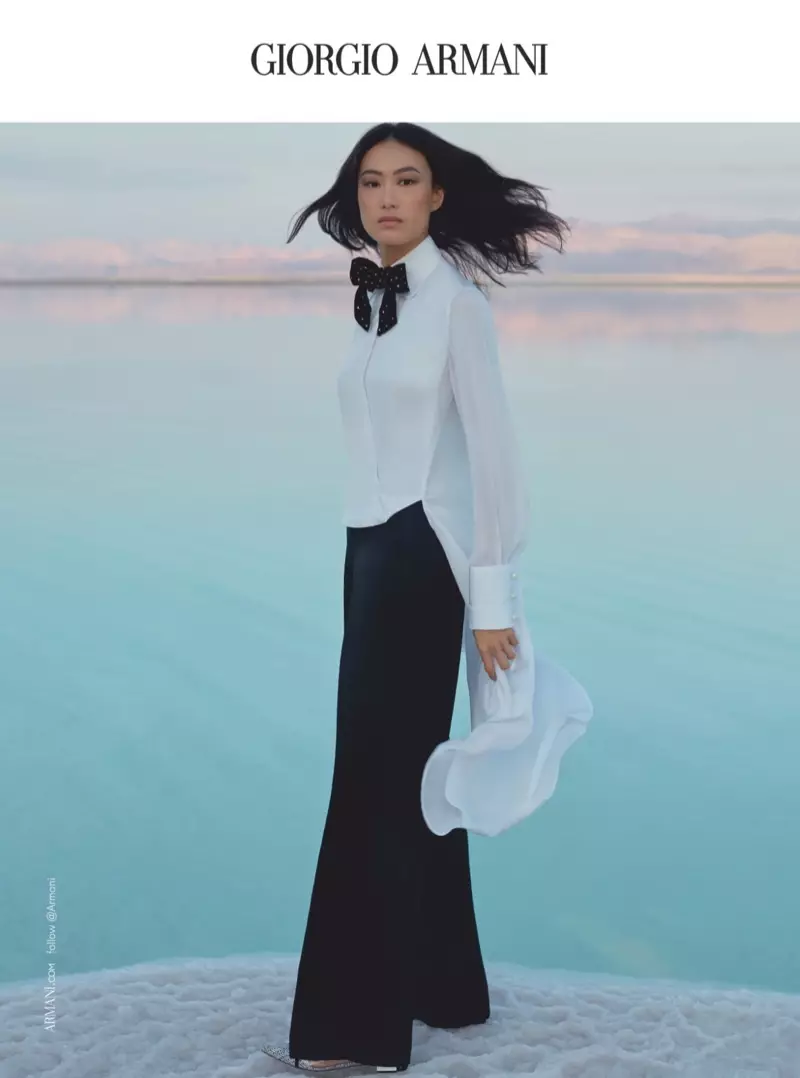 Die Chinese model Shu Pei verskyn in die Giorgio Armani lente-somer 2019-veldtog