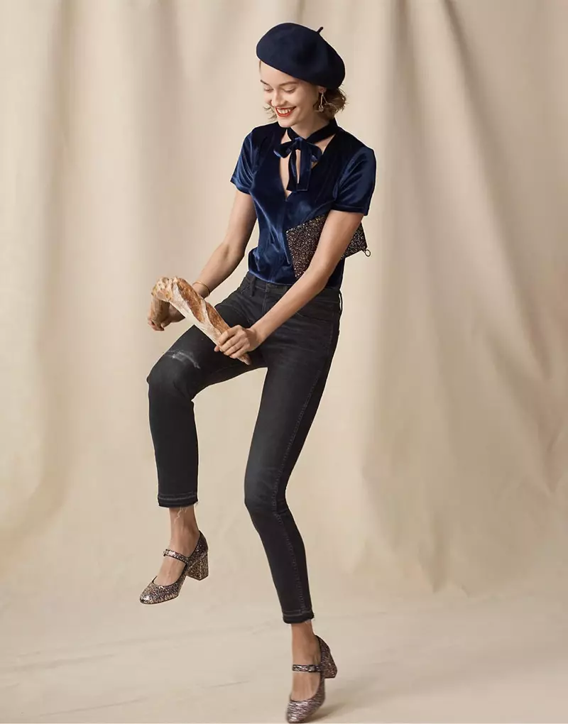 Madewell Velvet Tie-Neck Top, Slim Straight Jeans: Drop-Hem Edition, Brixton Audrey Beret, Dompét Kantong Kulit: Glitter Edition, The Zelda Mary Jane in Glitter and Bar-and-Chain Stud Earrings