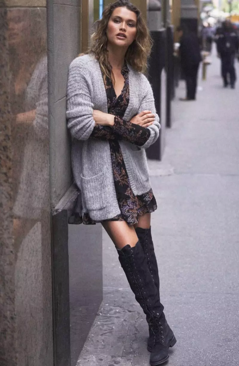 Free People Weekend Getaway Cardigan ($128), Tennessee Over the Knee Boot ($228) ndi Fake Pretend Babydoll Dress ($128)