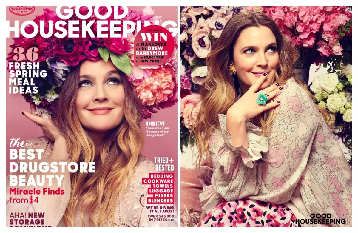 Drew Barrymore pokriva Good Housekeeping, Talks Flower Beauty