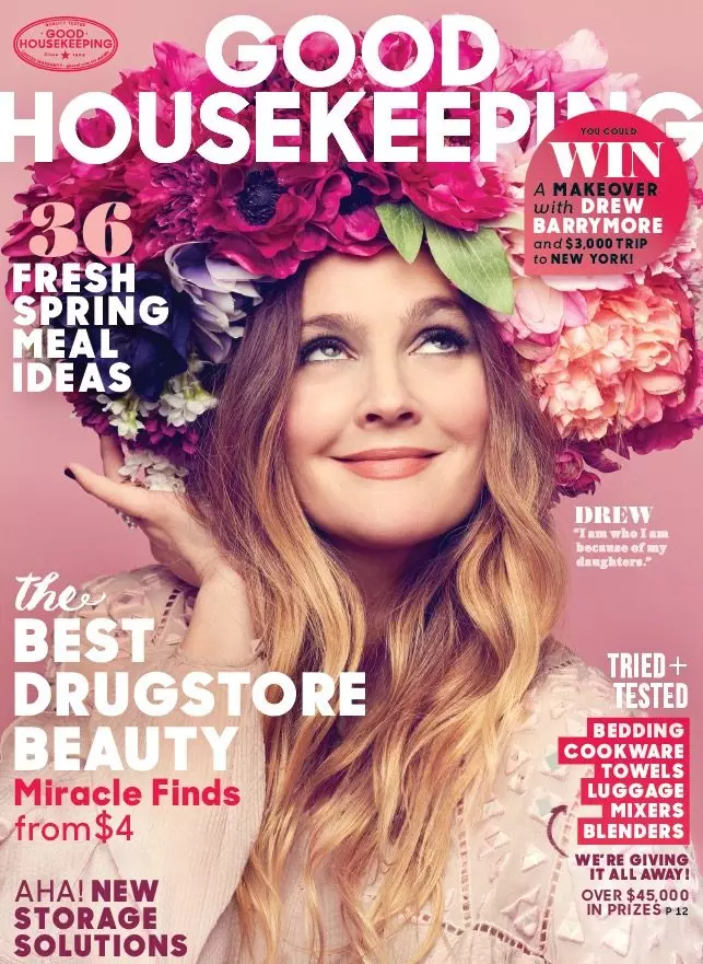 Drew Barrymore katab ajakirja Good Housekeeping 2016. aasta maikuu numbrit Rebecca Taylori kleidis.