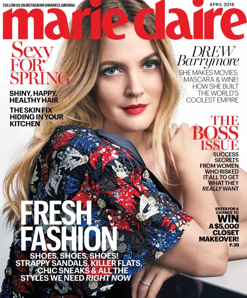 Drew Barrymore ant Marie Claire 2016 m. balandžio mėnesio viršelio