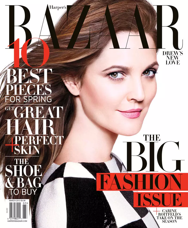 Drew Barrymore ຖ່າຍຮູບໃນໜ້າປົກຂອງ Harper's Bazaar March 2013