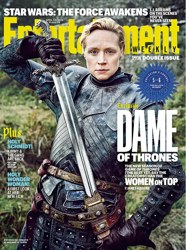 Gwendoline Christie jako Brienne z Tarth na obálku týdeníku Entertainment Weekly z dubna 2016