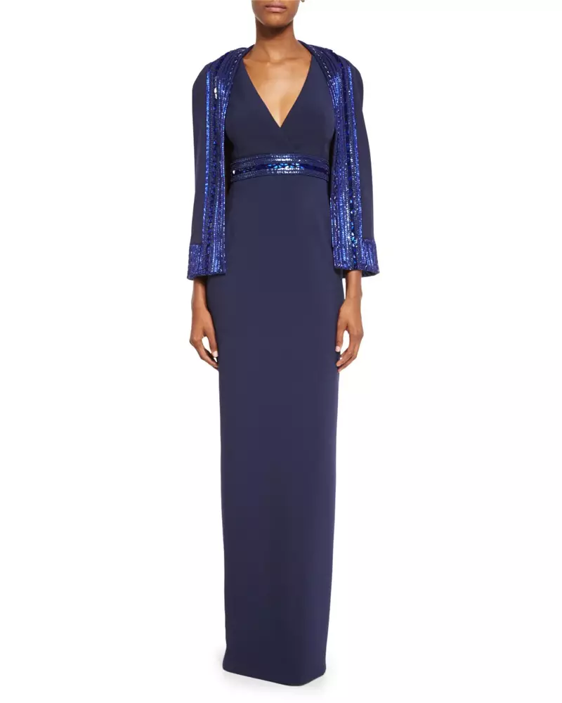 Pamella Roland Crepe Column iGown eneSequined Capelet