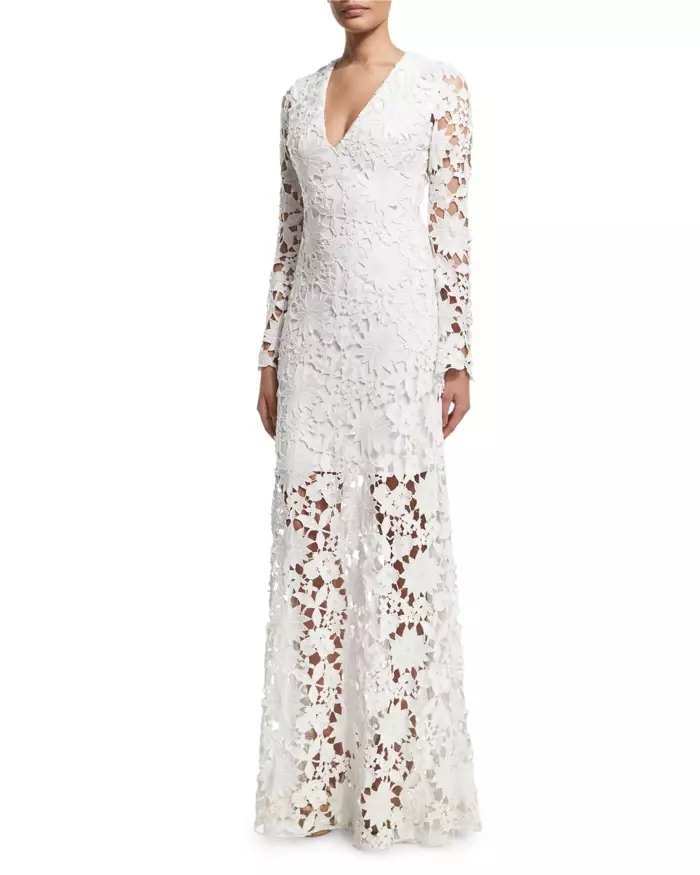 Badgley Mischka ረጅም እጅጌ ነጭ ዳንቴል ጋውን