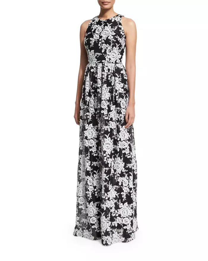 David Meister Sleeveless Crewneck Floral Chiffon Black & White Gown