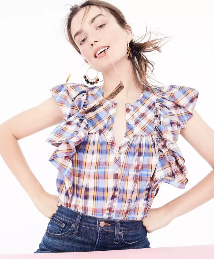 J. Crew Ruffle Top in Vintage Plaid, Beaded Tortoise Hoop Earrings, 9