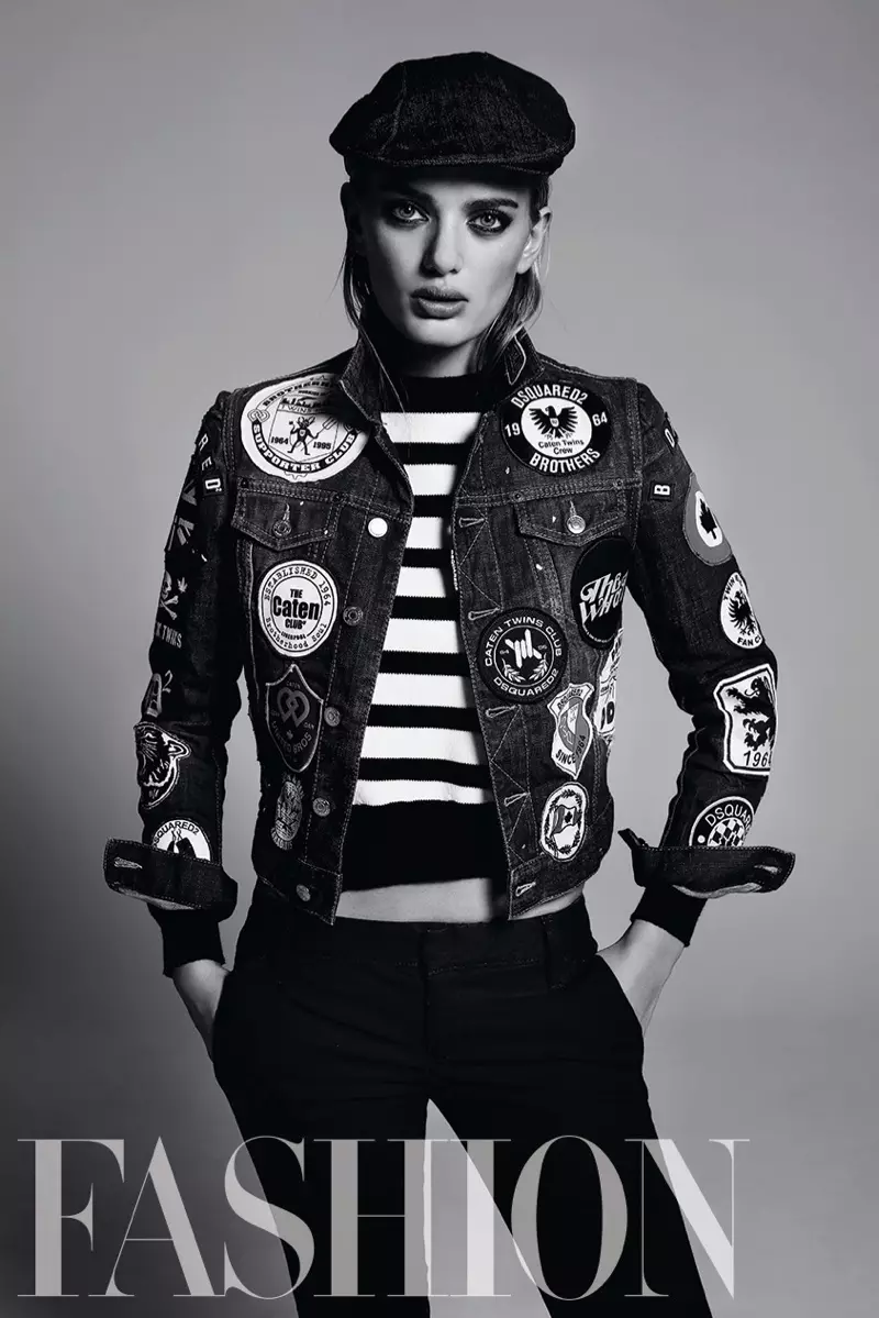 Bregje Heinen wird lässig und modelliert DSquared2 verzierte Jacke, gestreiften Pullover und Hose