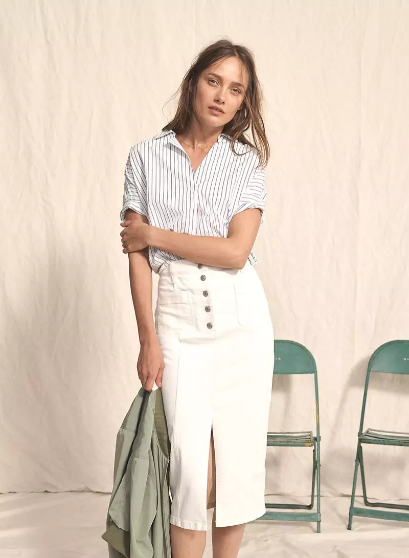 Akanjo Madewell Courier Button-Back in Stripe-Play, Side-Zip Bomber Jacket and White High-Slit Jean skirt