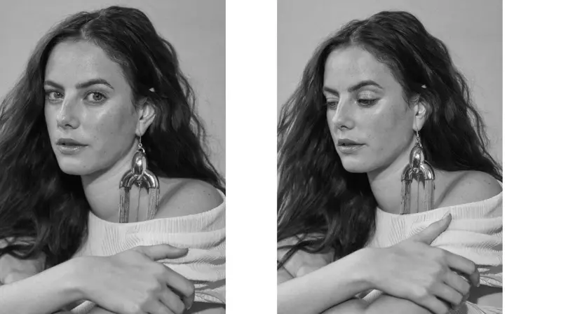 Herečka Kaya Scodelario má na sebe top Narciso Rodriguez s náušnicou Ellery