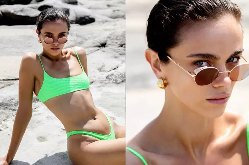 Indossando un costume da bagno verde, Jena Goldsack è la protagonista della campagna Amber Sceats Eyes on You