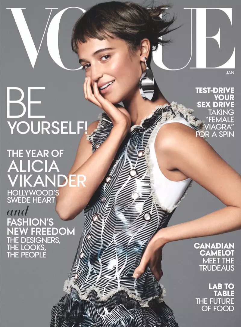 Alicia Vikander uz Vogue 2016. gada janvāra vāka